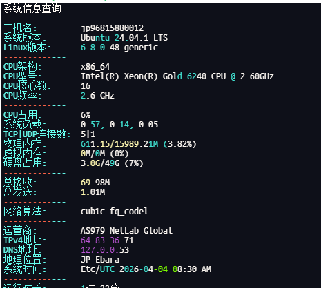 购买了一台狐蒂云JB-日本-16H16G-100mbps-Puo's 菜园子
